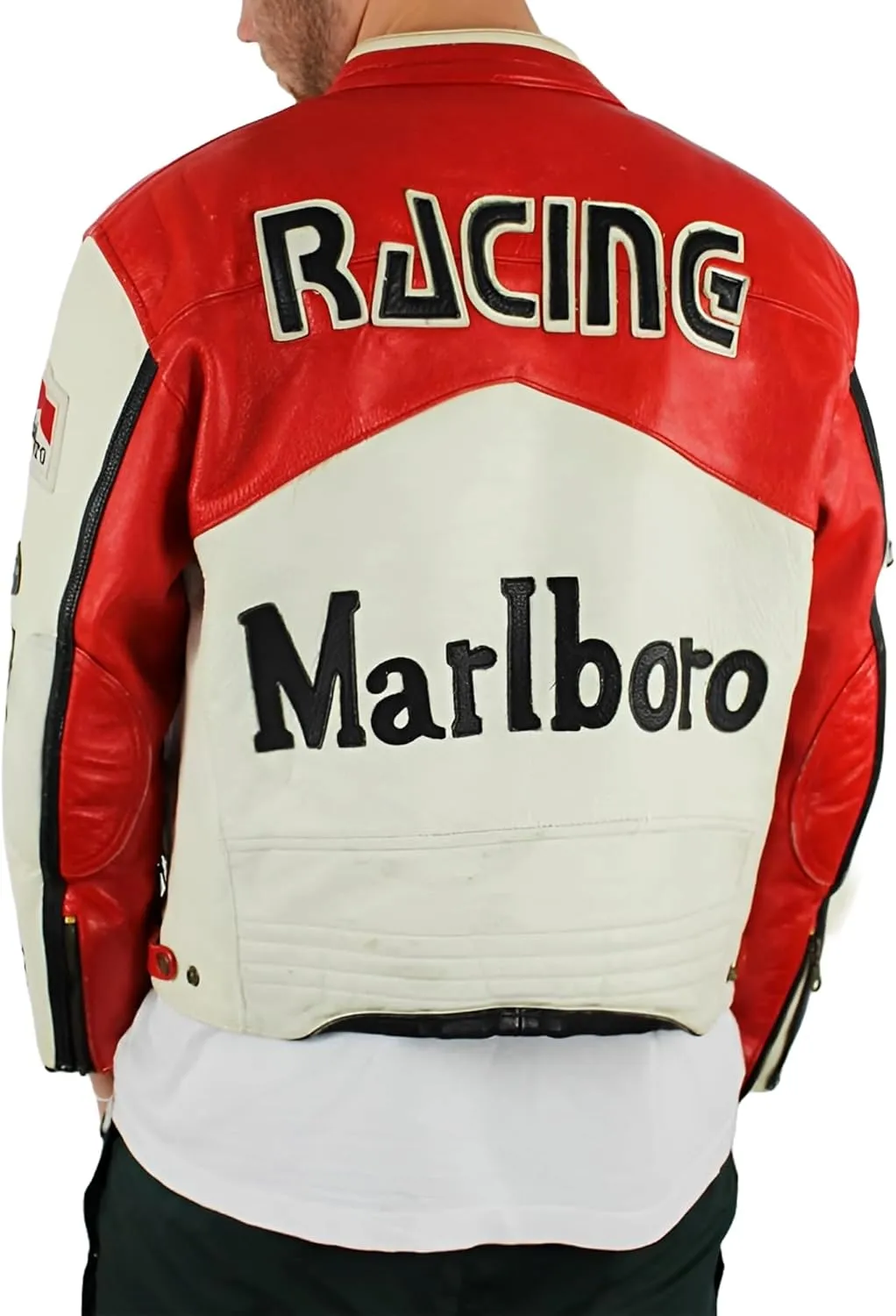 X-ception Men's Classic Cafe Racer Real Leather Red And White Racing Bomber Motorcycle Biker Jacket