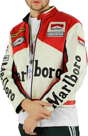 X-ception Men's Classic Cafe Racer Real Leather Red And White Racing Bomber Motorcycle Biker Jacket