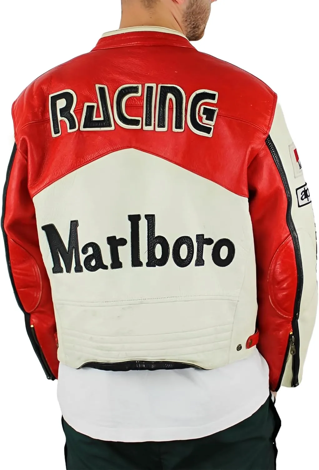 X-ception Men's Classic Cafe Racer Real Leather Red And White Racing Bomber Motorcycle Biker Jacket