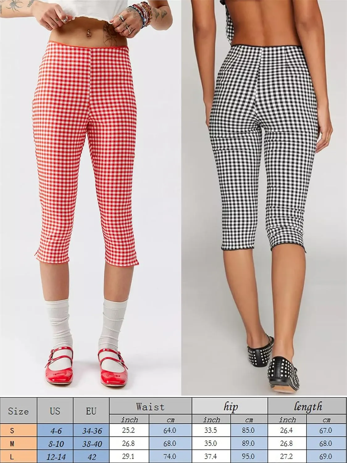 Y2k Capri Pants for Women Trendy Gingham Skinny Cropped Pants High Waist Pull On Capris Trousers Coquette Streetwear