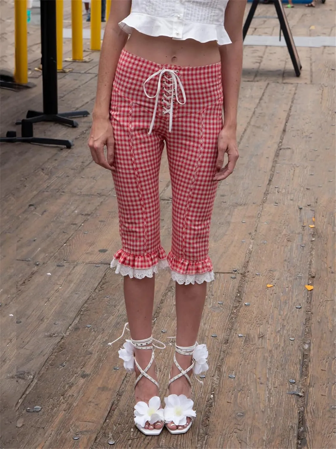 Y2k Capri Pants for Women Trendy Gingham Skinny Cropped Pants High Waist Pull On Capris Trousers Coquette Streetwear