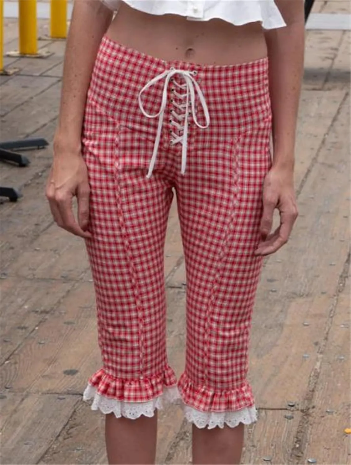 Y2k Capri Pants for Women Trendy Gingham Skinny Cropped Pants High Waist Pull On Capris Trousers Coquette Streetwear