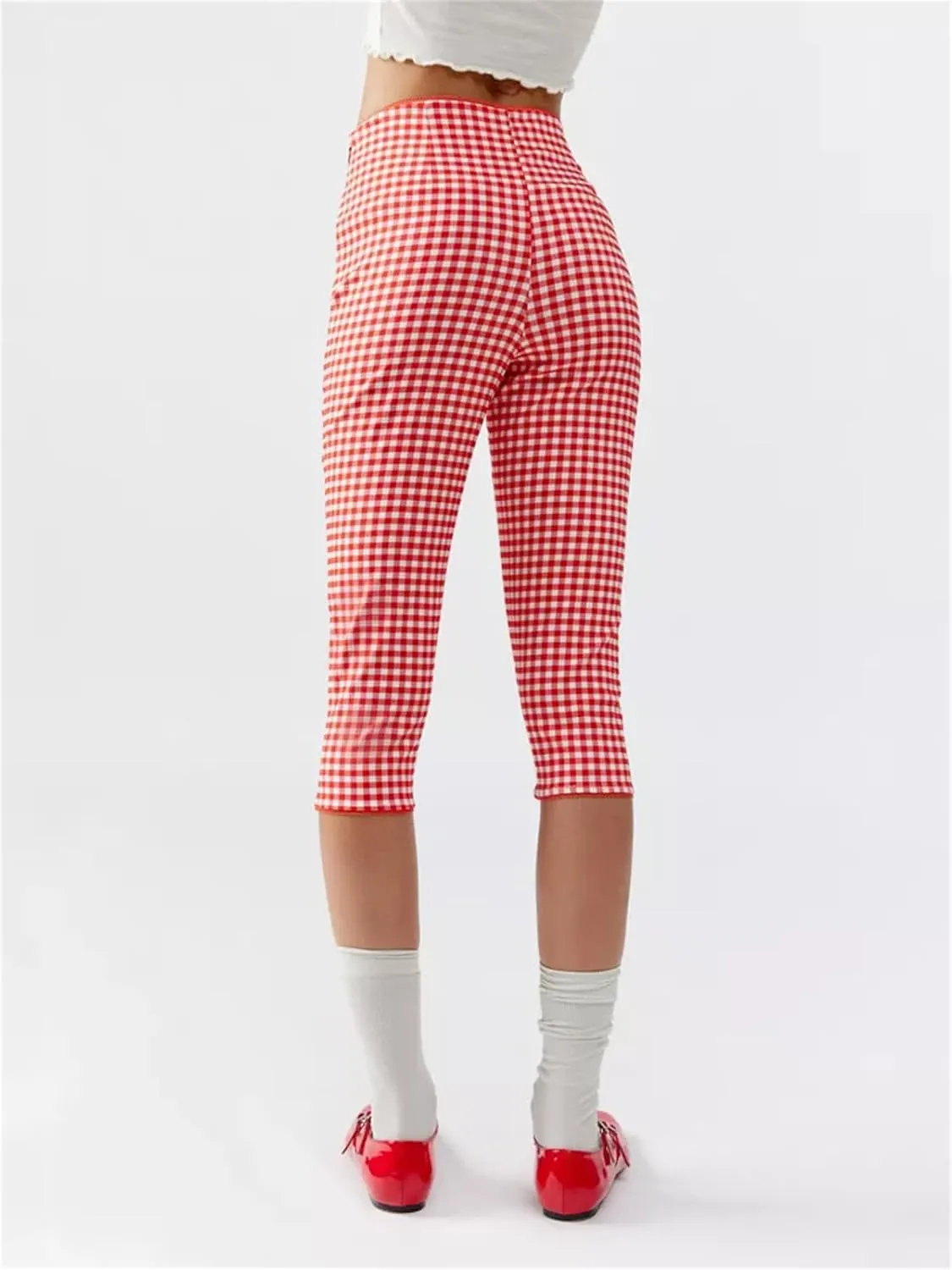 Y2k Capri Pants for Women Trendy Gingham Skinny Cropped Pants High Waist Pull On Capris Trousers Coquette Streetwear