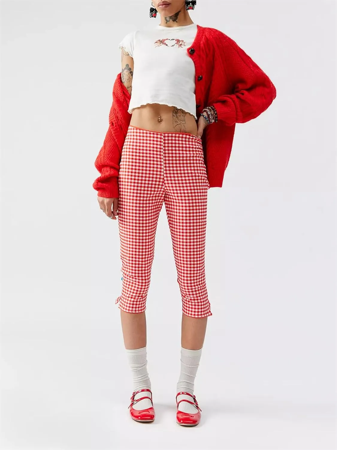 Y2k Capri Pants for Women Trendy Gingham Skinny Cropped Pants High Waist Pull On Capris Trousers Coquette Streetwear
