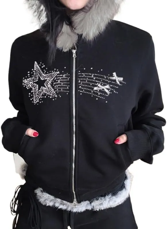 Y2k Zip Up Hoodie Fur Jackets Winter Coats Teen Emo Grunge 2000s Clothes Vintage Streetwear Women