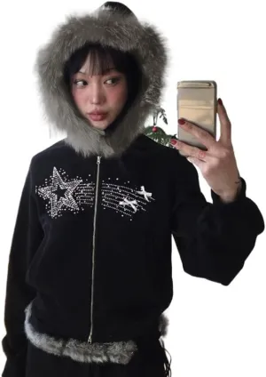 Y2k Zip Up Hoodie Fur Jackets Winter Coats Teen Emo Grunge 2000s Clothes Vintage Streetwear Women