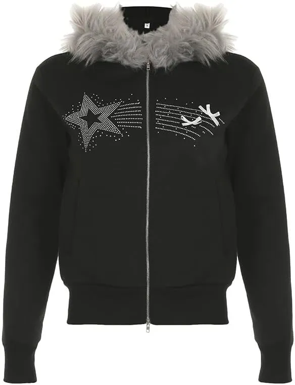 Y2k Zip Up Hoodie Fur Jackets Winter Coats Teen Emo Grunge 2000s Clothes Vintage Streetwear Women