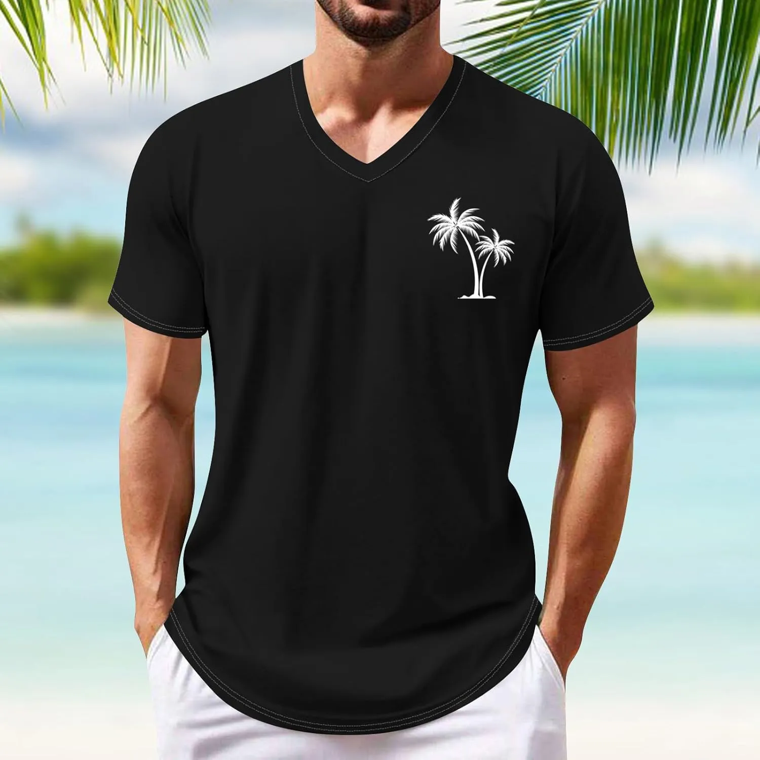 Ymosrh Men's Summer Beach Tee Shirts Short Sleeve Palm Tree T-Shirts Casual V Neck Tee Top Undershirts, S-3XL