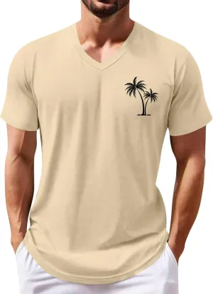 Ymosrh Men's Summer Beach Tee Shirts Short Sleeve Palm Tree T-Shirts Casual V Neck Tee Top Undershirts, S-3XL