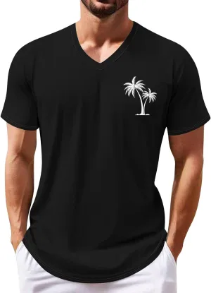 Ymosrh Men's Summer Beach Tee Shirts Short Sleeve Palm Tree T-Shirts Casual V Neck Tee Top Undershirts, S-3XL