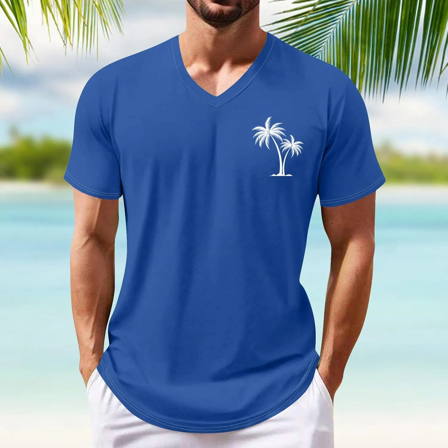 Ymosrh Men's Summer Beach Tee Shirts Short Sleeve Palm Tree T-Shirts Casual V Neck Tee Top Undershirts, S-3XL