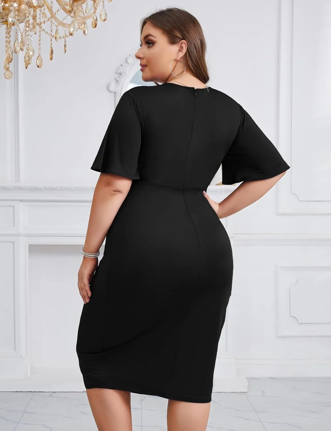 Z0MVA 2024 Plus Size 1X-4X Wrap V Neck Short Bell Sleeve Midi Dress for Cocktail Wedding Guest Formal Party Business