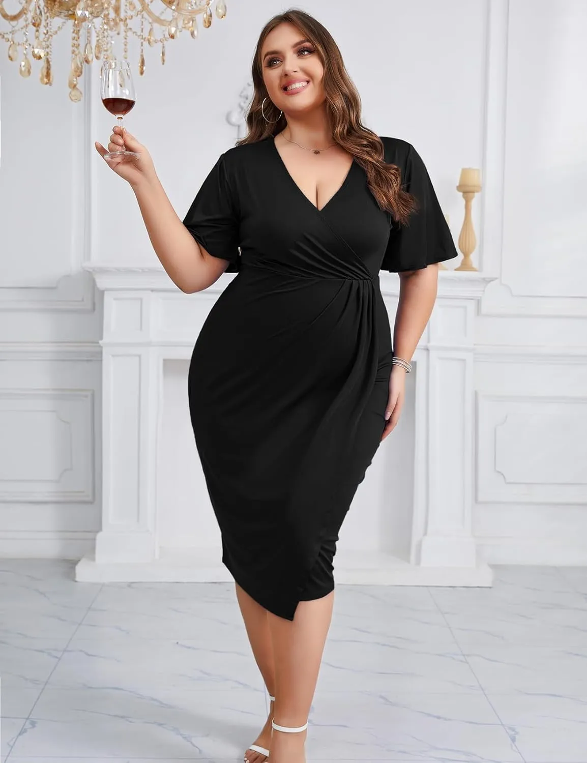 Z0MVA 2024 Plus Size 1X-4X Wrap V Neck Short Bell Sleeve Midi Dress for Cocktail Wedding Guest Formal Party Business