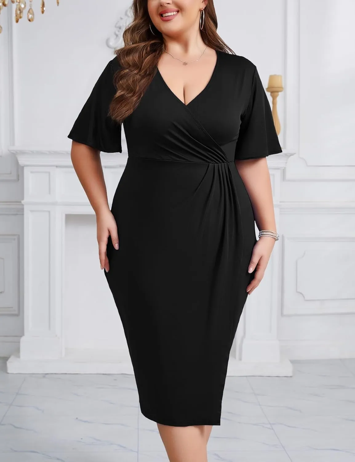 Z0MVA 2024 Plus Size 1X-4X Wrap V Neck Short Bell Sleeve Midi Dress for Cocktail Wedding Guest Formal Party Business
