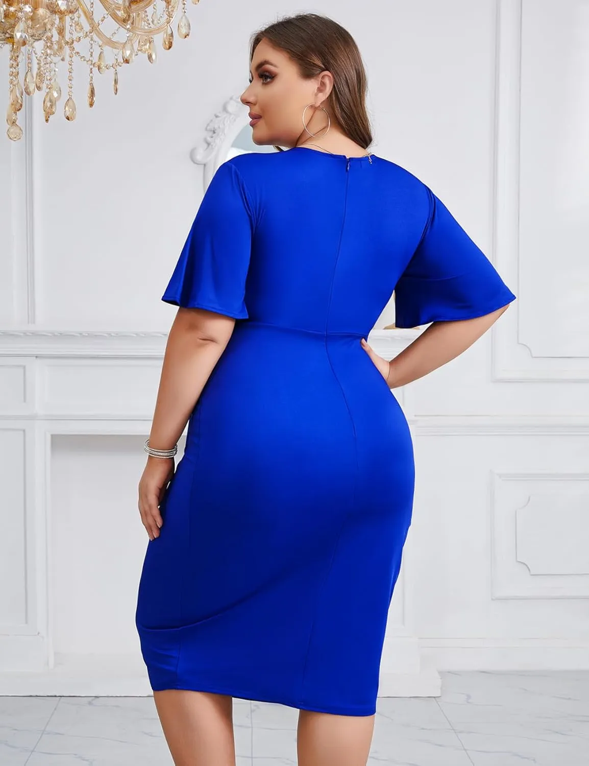 Z0MVA 2024 Plus Size 1X-4X Wrap V Neck Short Bell Sleeve Midi Dress for Cocktail Wedding Guest Formal Party Business