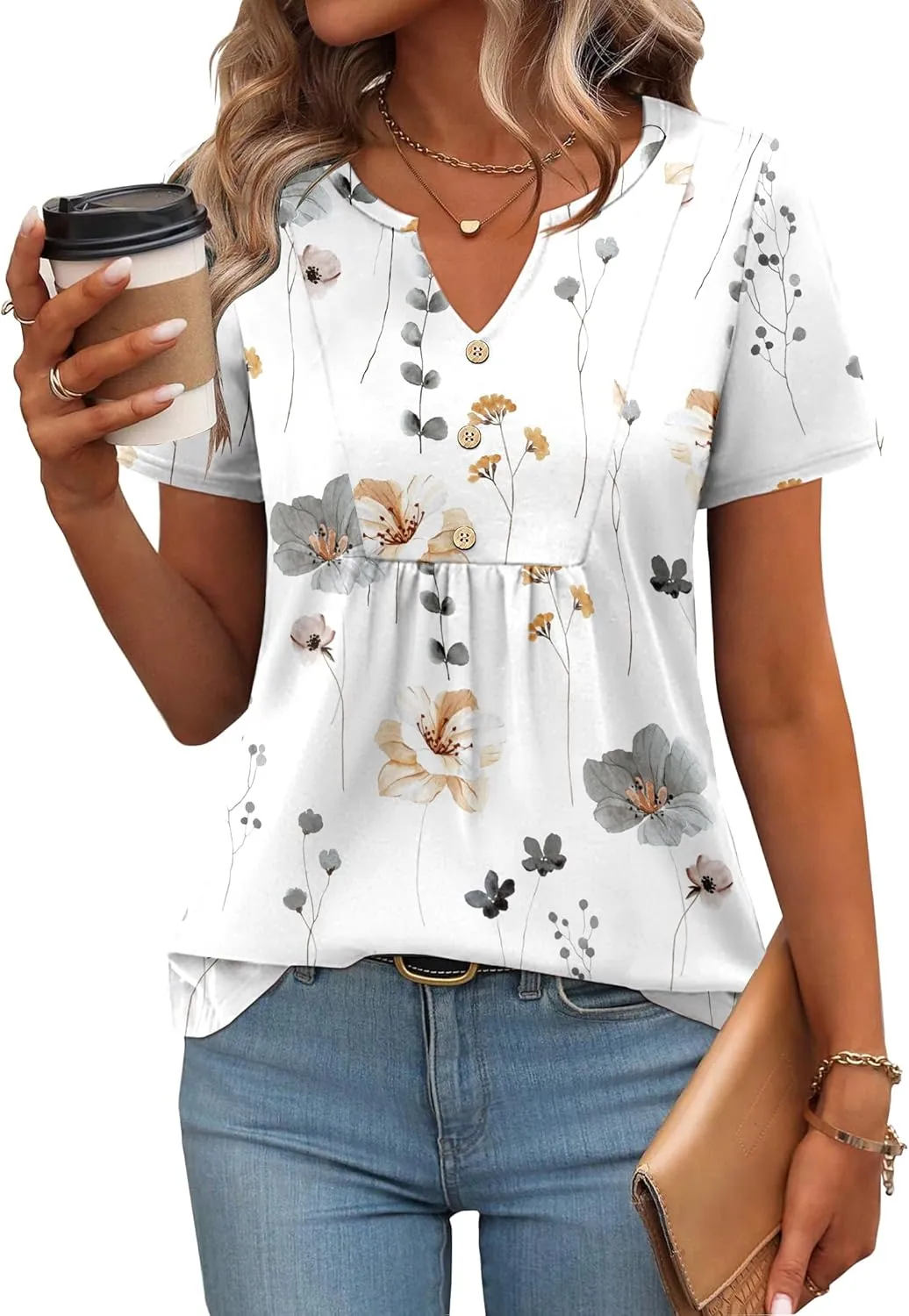 Zeagoo Womens Short Sleeve Tops Summer Henley V-Neck Tshirts Casual Pleated Blouse Dressy Loose Floral Basic Tee