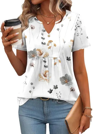 Zeagoo Womens Short Sleeve Tops Summer Henley V-Neck Tshirts Casual Pleated Blouse Dressy Loose Floral Basic Tee