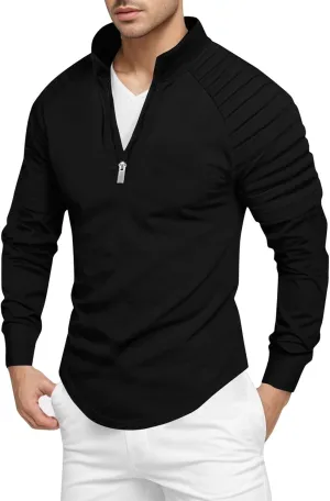 Zipper Shirts for Men's Slim Fit Shirt Casual Stretch Shoulder Pleated Zip Shirt T Shirts Men Pack Men Shirt