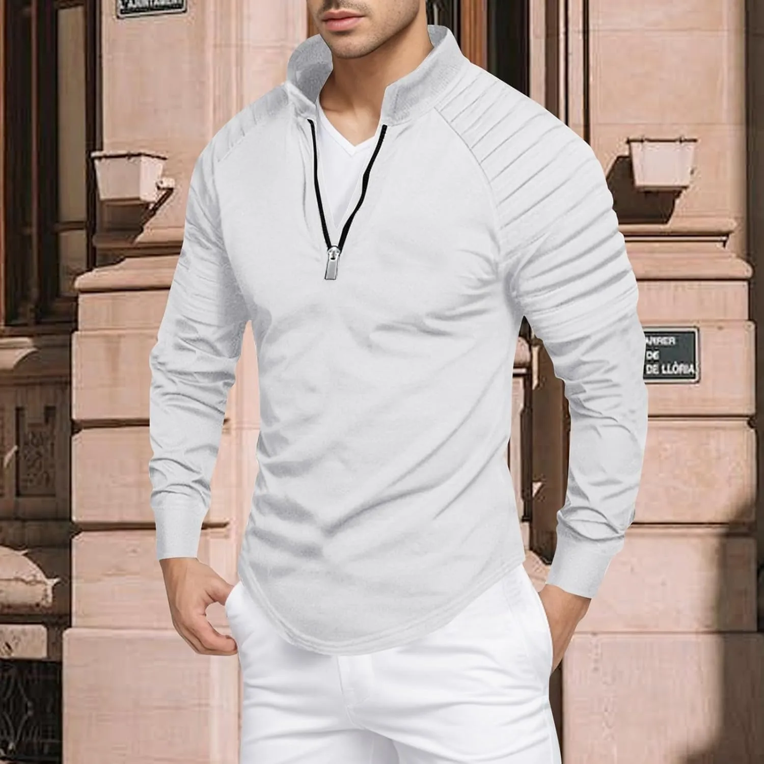 Zipper Shirts for Men's Slim Fit Shirt Casual Stretch Shoulder Pleated Zip Shirt T Shirts Men Pack Men Shirt