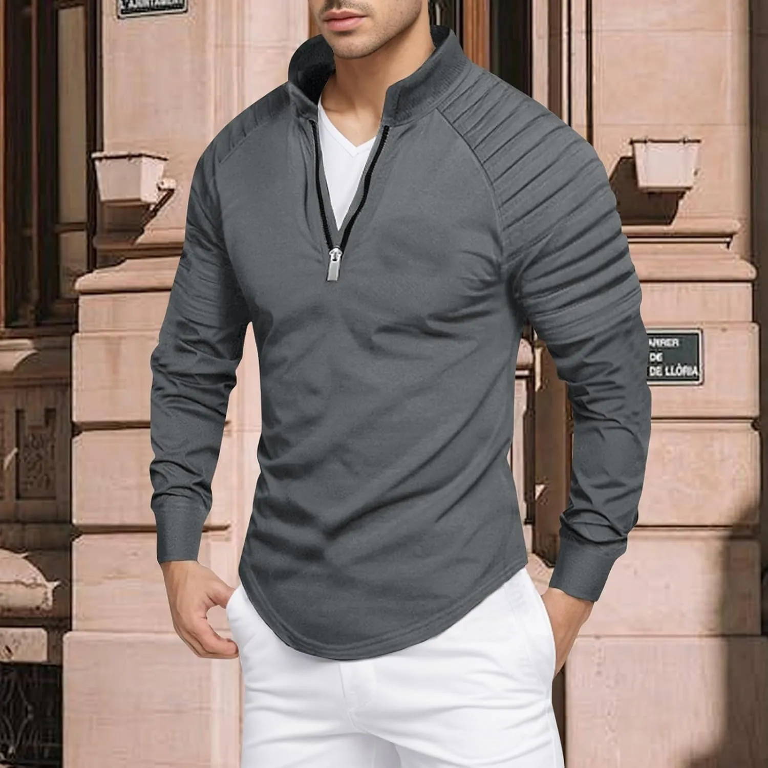 Zipper Shirts for Men's Slim Fit Shirt Casual Stretch Shoulder Pleated Zip Shirt T Shirts Men Pack Men Shirt