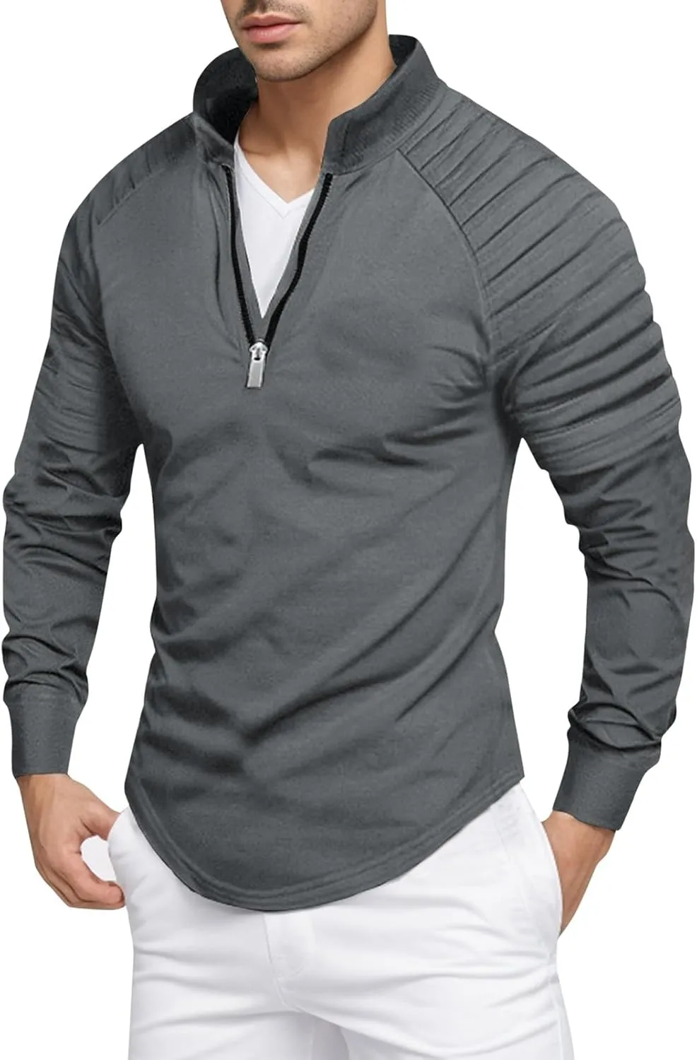 Zipper Shirts for Men's Slim Fit Shirt Casual Stretch Shoulder Pleated Zip Shirt T Shirts Men Pack Men Shirt