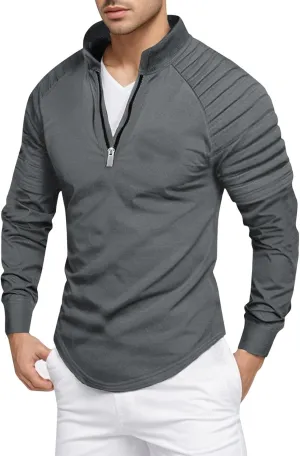 Zipper Shirts for Men's Slim Fit Shirt Casual Stretch Shoulder Pleated Zip Shirt T Shirts Men Pack Men Shirt