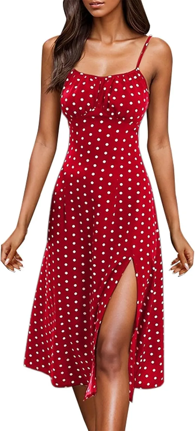 ZYXTIM Spaghetti Strap Dress for Women 2025 Summer Split Thigh Midi Floral Dresses High Waist Slim Vacation Beach Sexy Dress